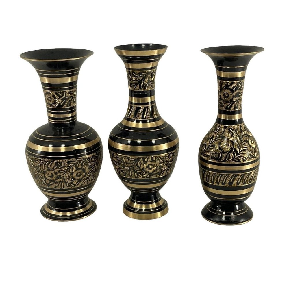 vintage etched black brass vase